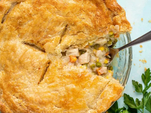 Golden chicken pot pie with flaky pastry crust