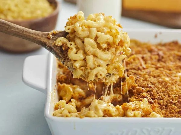 Baked mac and cheese with golden breadcrumb topping